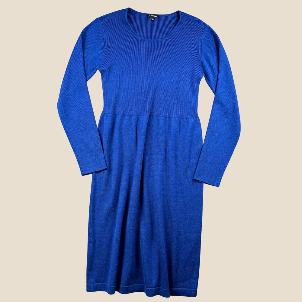 J. Peterman Sweater Dress Womens M Blue Merino Wool Ribbed Knit Midi Long Sleeve
